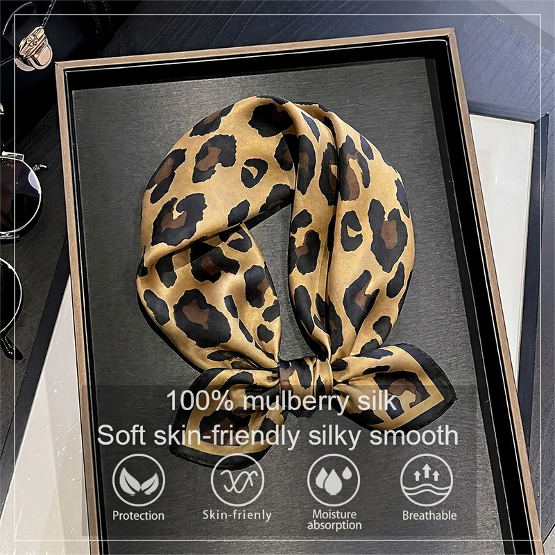 Face Scarf Mask - 100% シルクスクエアスカーフヒョウ柄バンダナネッカチーフスタイリッシュなバッグアクセサリーヘッドラップガールフレンドへのギフト女性の日常使用